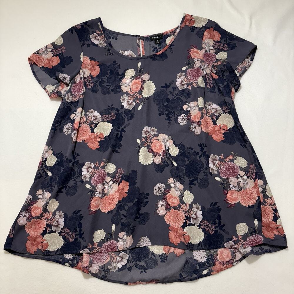 Torrid Women's 0 (Large) Short Sleeve Blouse Purple Pink Floral Top Polyester